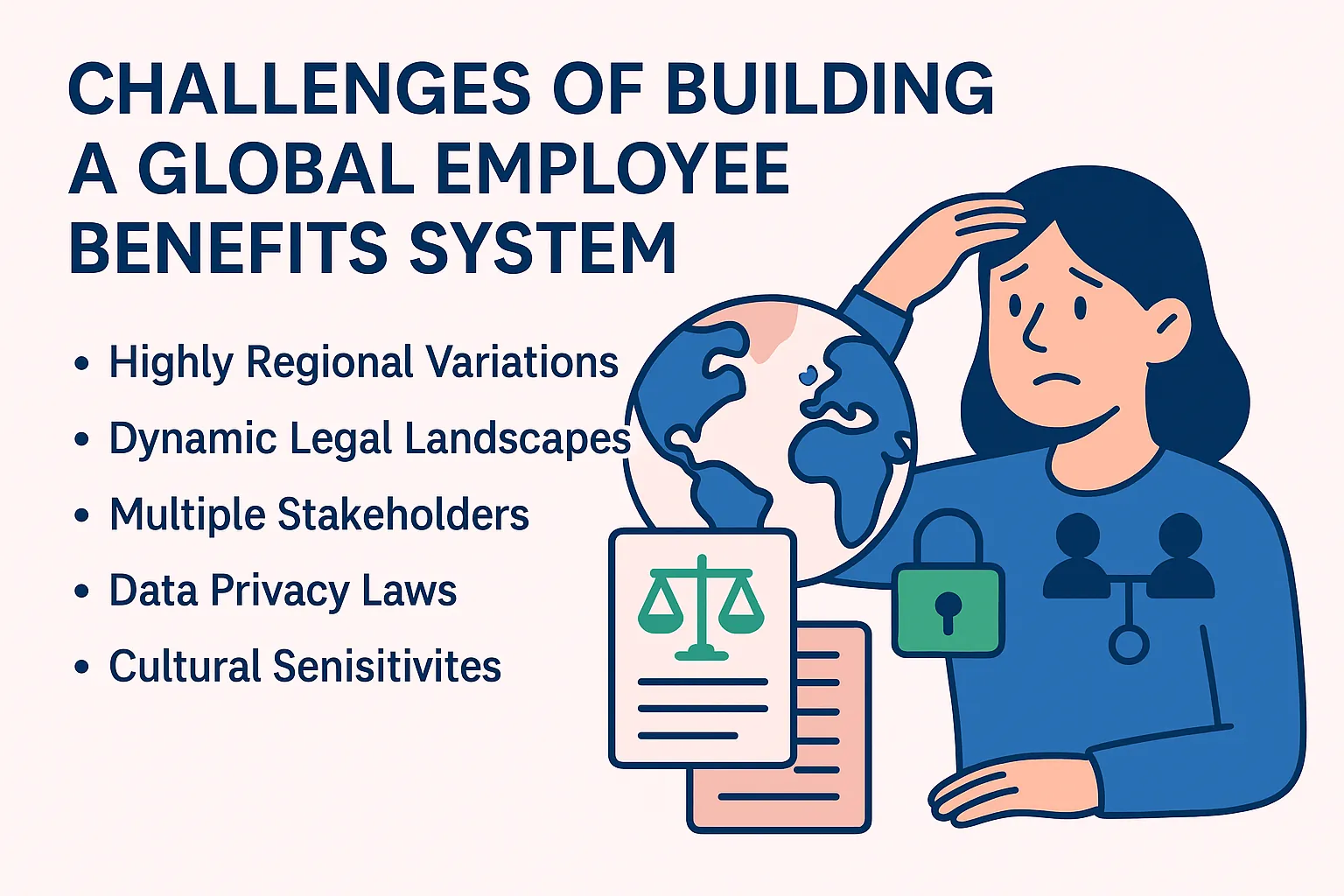 Graphic on challenges in international benefits management, including privacy and legal variation.