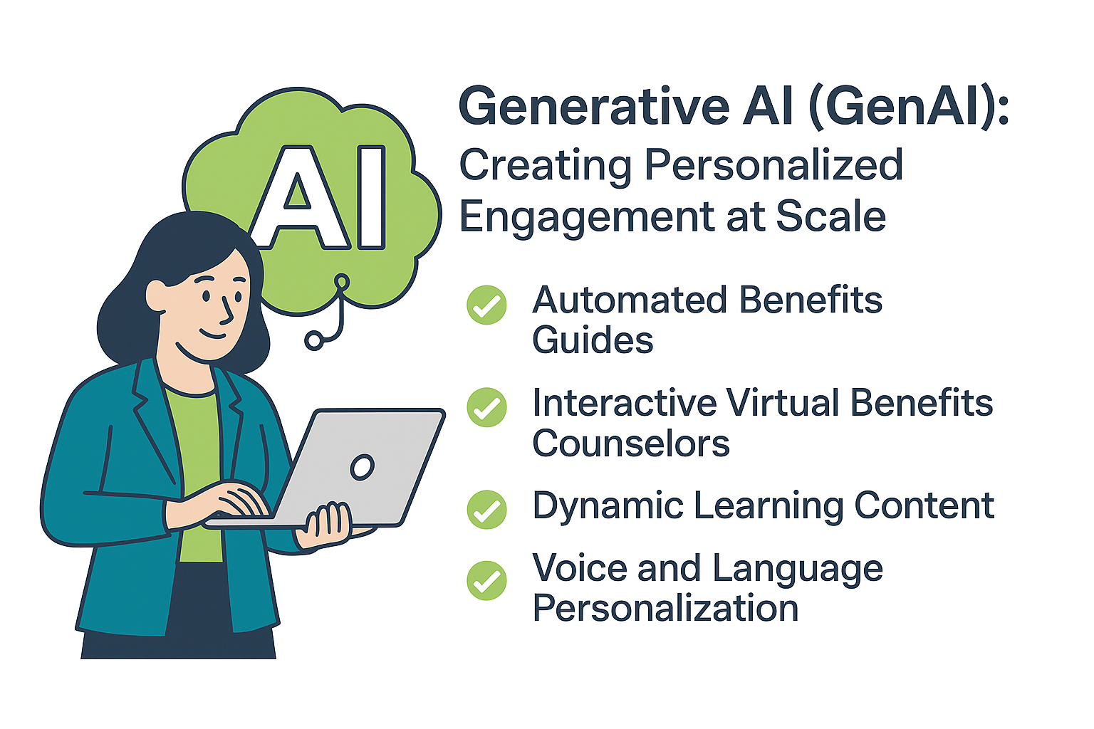 Generative AI in employee benefits showing why are employee benefits important with personalized guides and virtual counselors