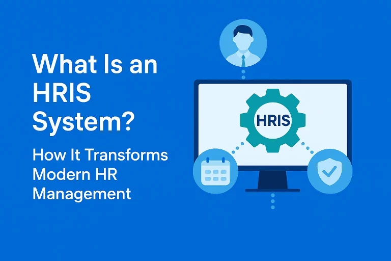 A blue graphic with text What Is an HRIS System? How It Transforms Modern HR Management appears next to a monitor displaying top rated HRIS systems, with icons of a person, calendar, and checkmark connected to it.