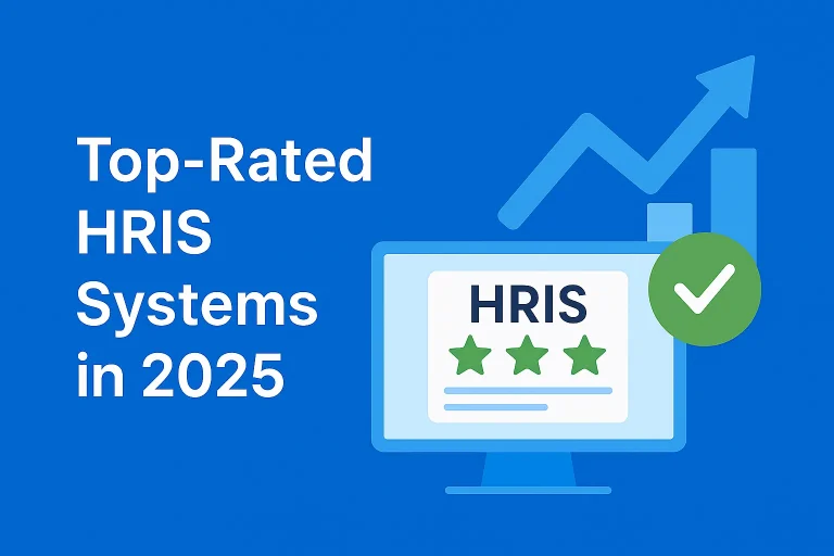 Illustration featuring the text Top-Rated HRIS Systems in 2025, a computer monitor displaying top rated HRIS systems, three green stars, a checkmark, and upward-trending graph bars in the background.